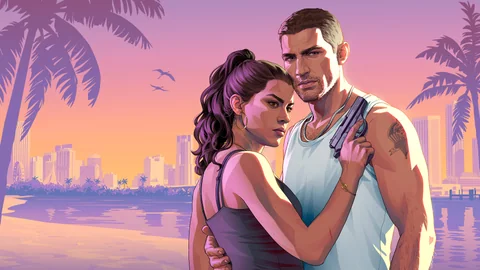 Official Grand Theft Auto VI artwork featuring Jason and Lucia at the Beach.
