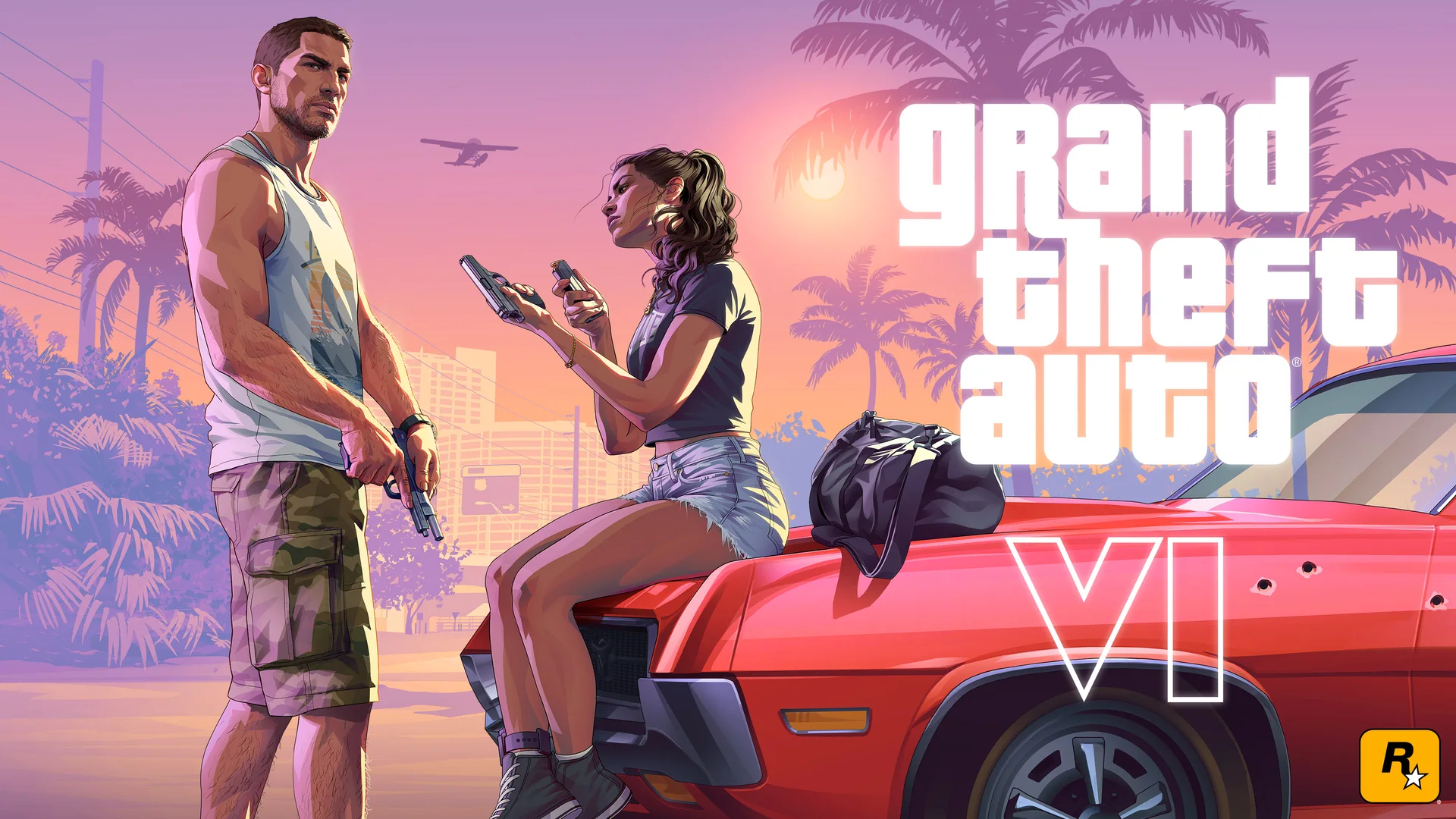Official Grand Theft Auto VI artwork featuring Jason and Lucia Lock and Load.