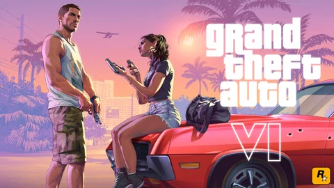 Official Grand Theft Auto VI artwork featuring Jason and Lucia Lock and Load.