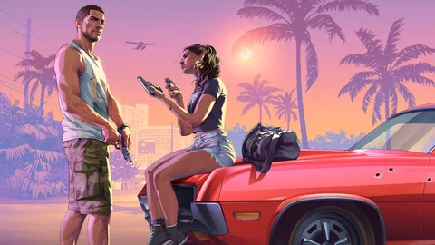 Official Grand Theft Auto VI artwork featuring Jason and Lucia Lock and Load.