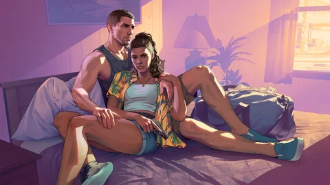 Official Grand Theft Auto VI artwork featuring Jason and Lucia Motel.