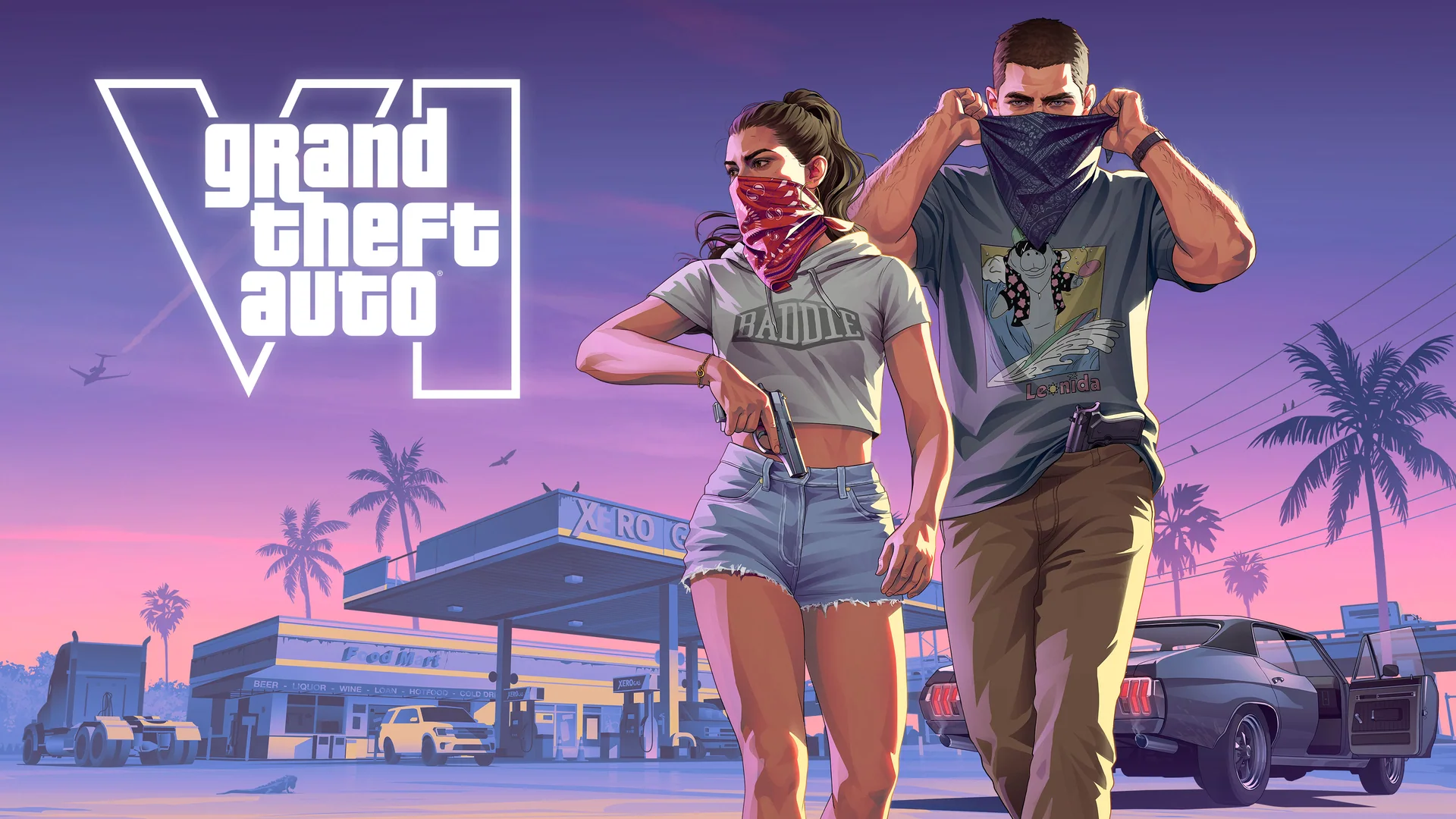 Official Grand Theft Auto VI artwork featuring Jason and Lucia Robbery.