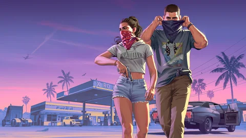 Official Grand Theft Auto VI artwork featuring Jason and Lucia Robbery.
