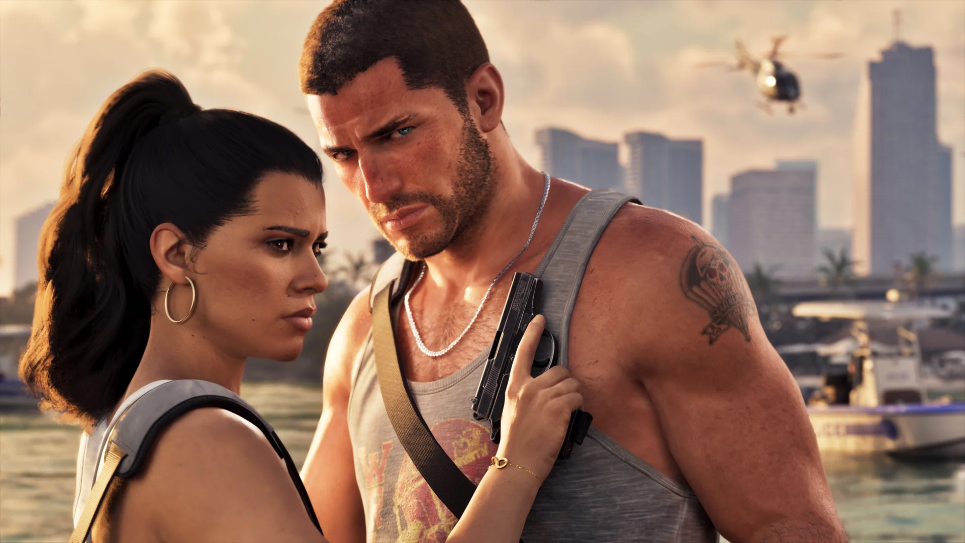 Official Grand Theft Auto VI screenshot showing Jason and Lucia.