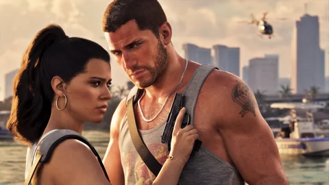 Official Grand Theft Auto VI screenshot showing Jason and Lucia.