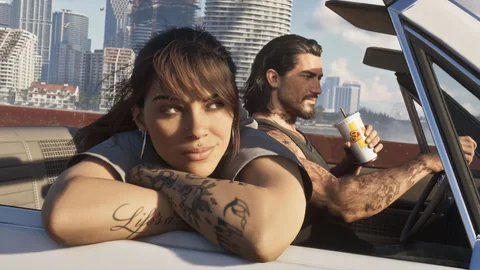 Official Grand Theft Auto VI screenshot showing Jason and Lucia.