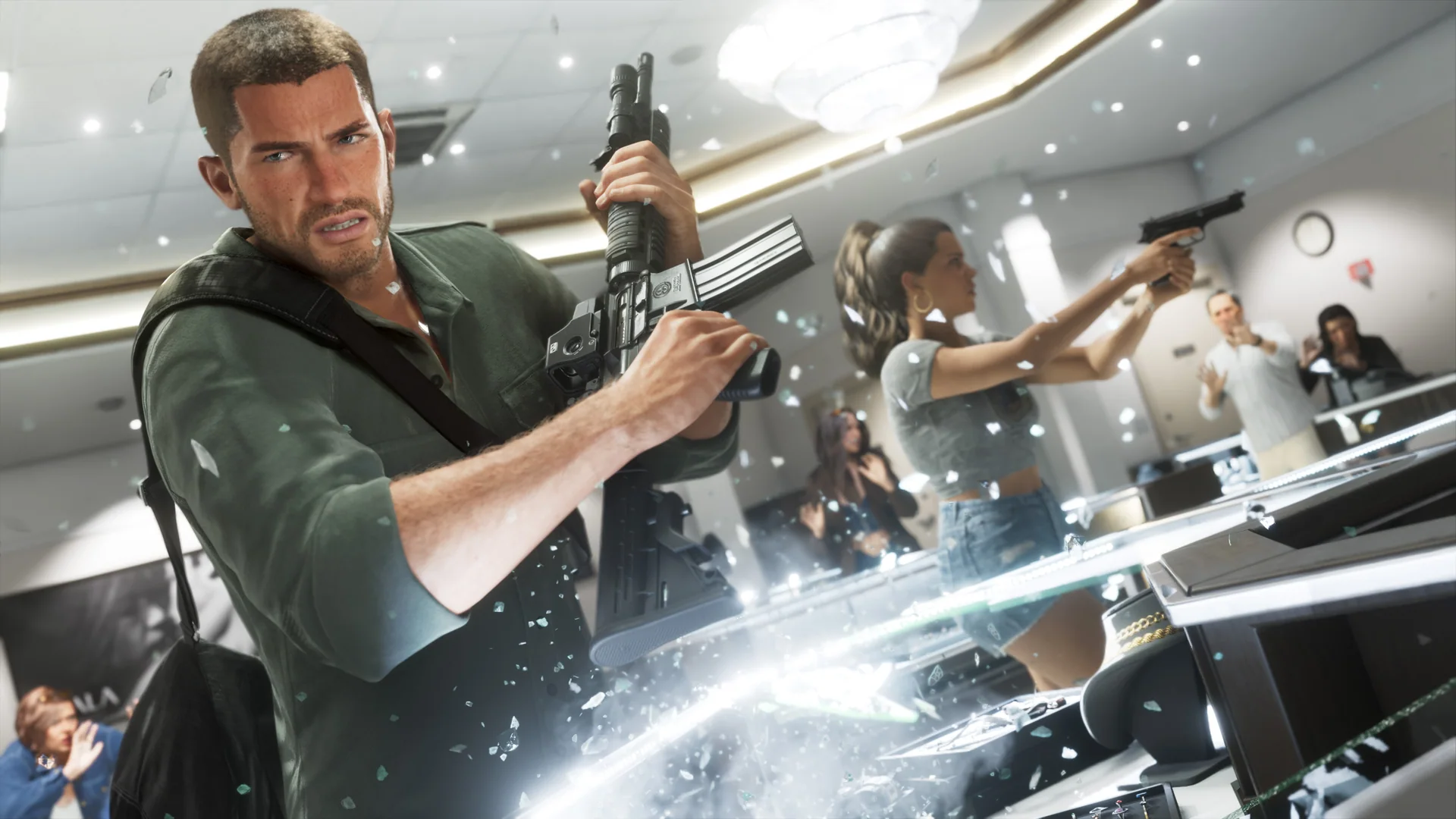 Official Grand Theft Auto VI screenshot showing Jason and Lucia.