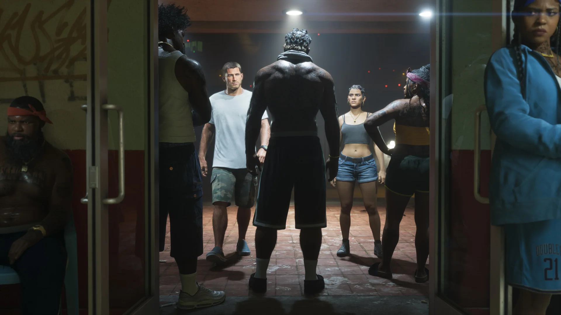 Official Grand Theft Auto VI screenshot showing Jason and Lucia.