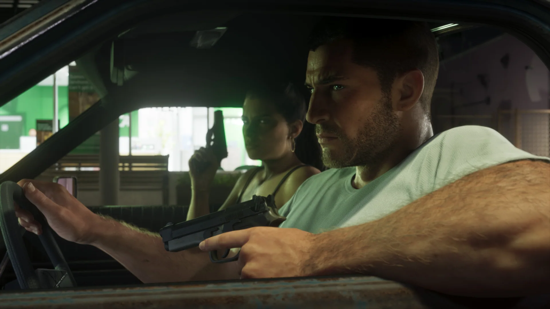 Official Grand Theft Auto VI screenshot showing Jason and Lucia.