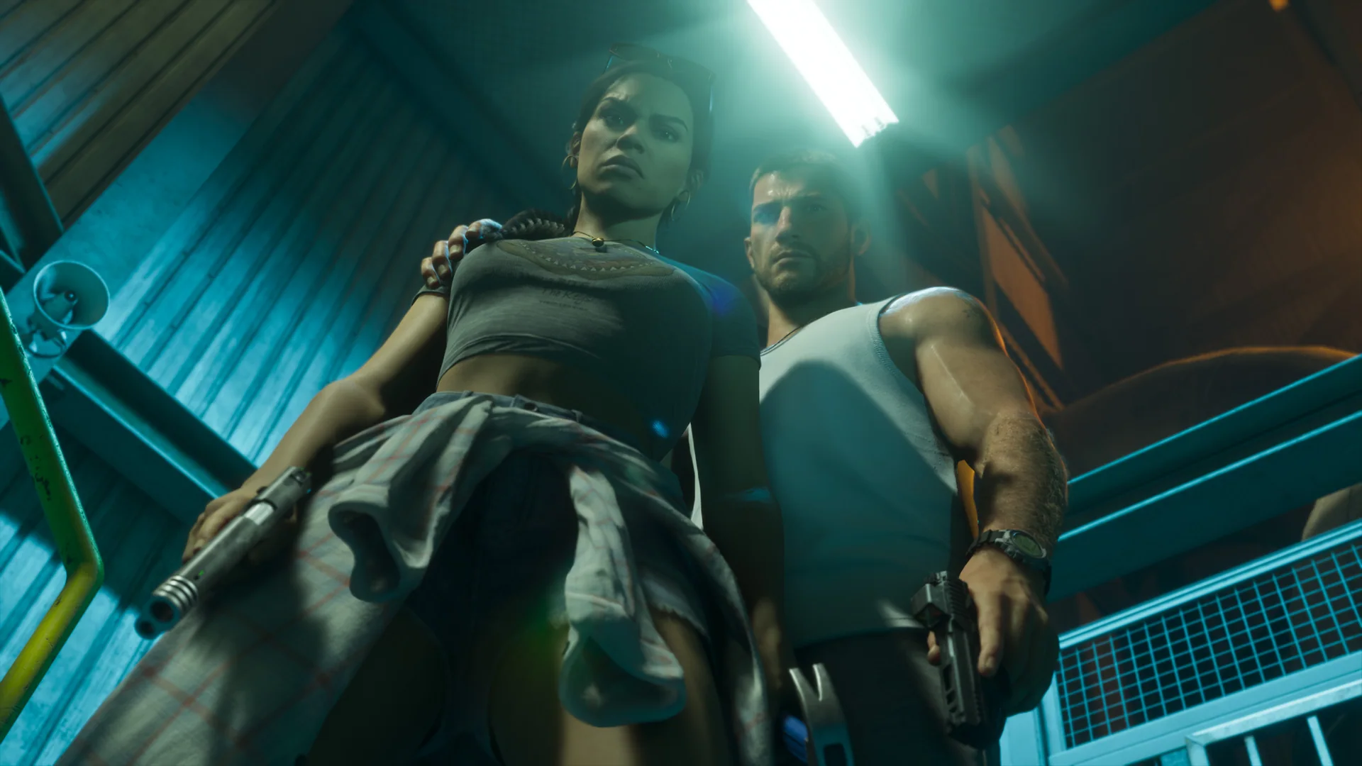 Official Grand Theft Auto VI screenshot showing Jason and Lucia.