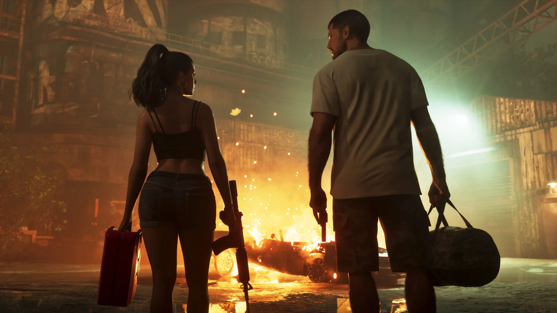 Official Grand Theft Auto VI screenshot showing Jason and Lucia.