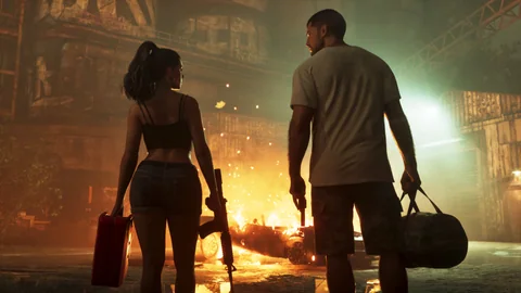 Official Grand Theft Auto VI screenshot showing Jason and Lucia.