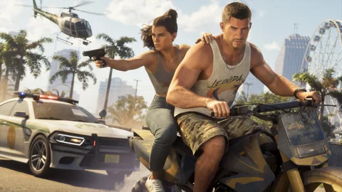 Official Grand Theft Auto VI screenshot showing Jason and Lucia.