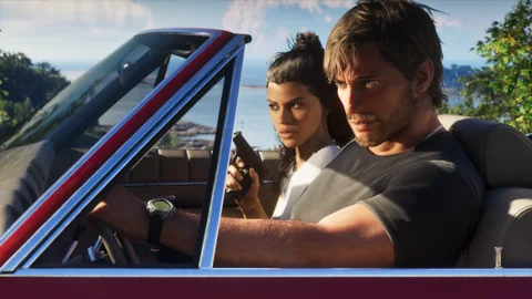 Official Grand Theft Auto VI screenshot showing Jason and Lucia.