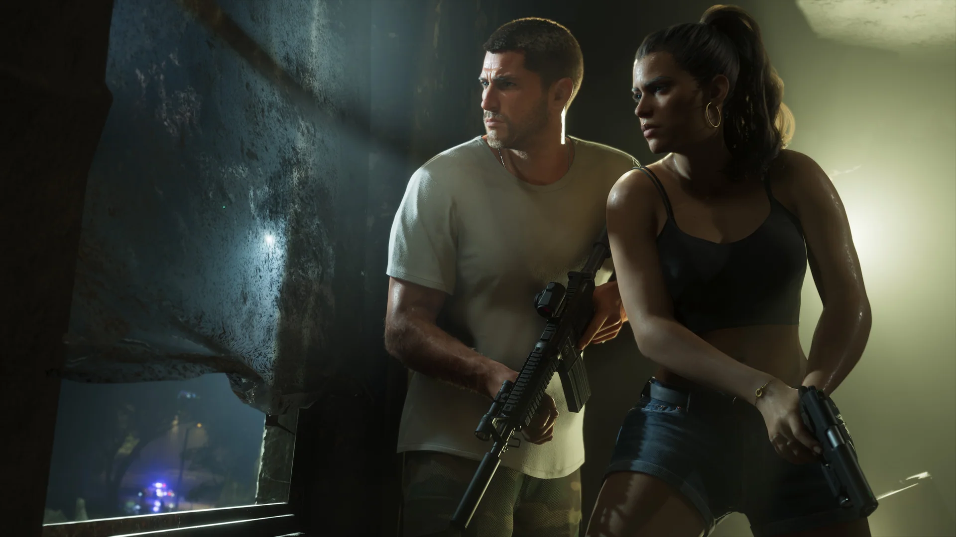 Official Grand Theft Auto VI screenshot showing Jason and Lucia.