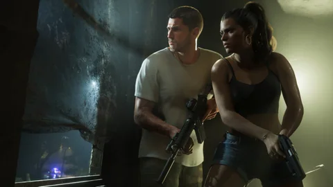 Official Grand Theft Auto VI screenshot showing Jason and Lucia.